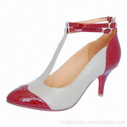 Ladies' Fashion Collection Pump Shoe, High Heeled/T-strap Upper/Pointed Toe/Silver Buckle/Red Bottom
